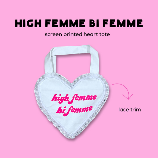 screen printed high femme bi femme heart shaped tote bag lacy